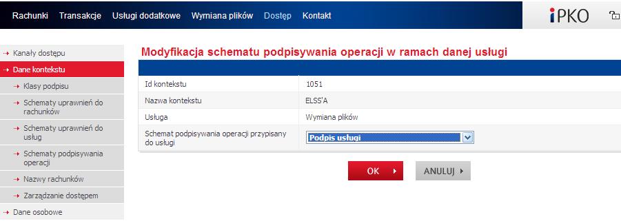 Aby nadać schemat podpisywania operacji do Usług, należy wybrać usługę Wymiana plików na Liście usług w kontekście (na pierwszym ekranie podmenu Dane