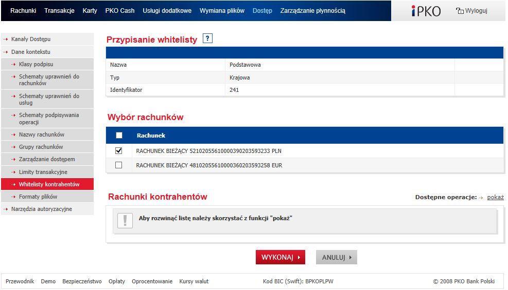 Do rachunku można przypisać tylko jedną whitelistę krajową i zagraniczną. problemów z korzystaniem z czytnika lub zgubienia karty należy skontaktować się z INFOLINIĄ. W UWAGA!