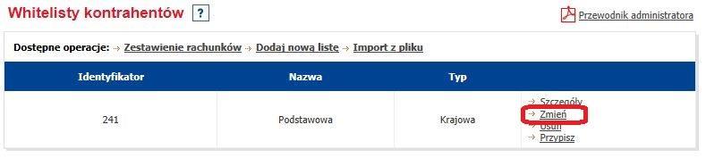 Zmiana zawartości whitelisty Po wybraniu opcji Dane kontekstu i Whitelisty kontrahentów opcja Zmień