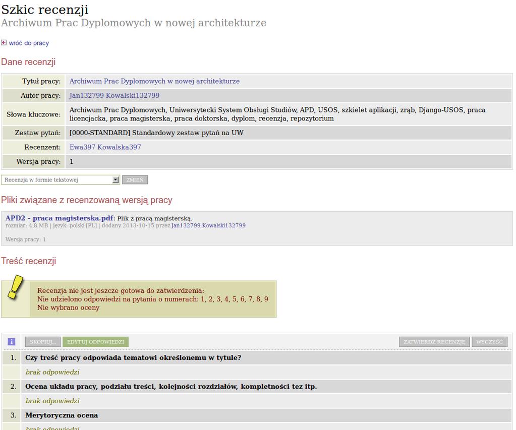 3.2 Przebieg procesu archiwizacji Rysunek 3.19: Strona wersji roboczej recenzji Rysunek 3.