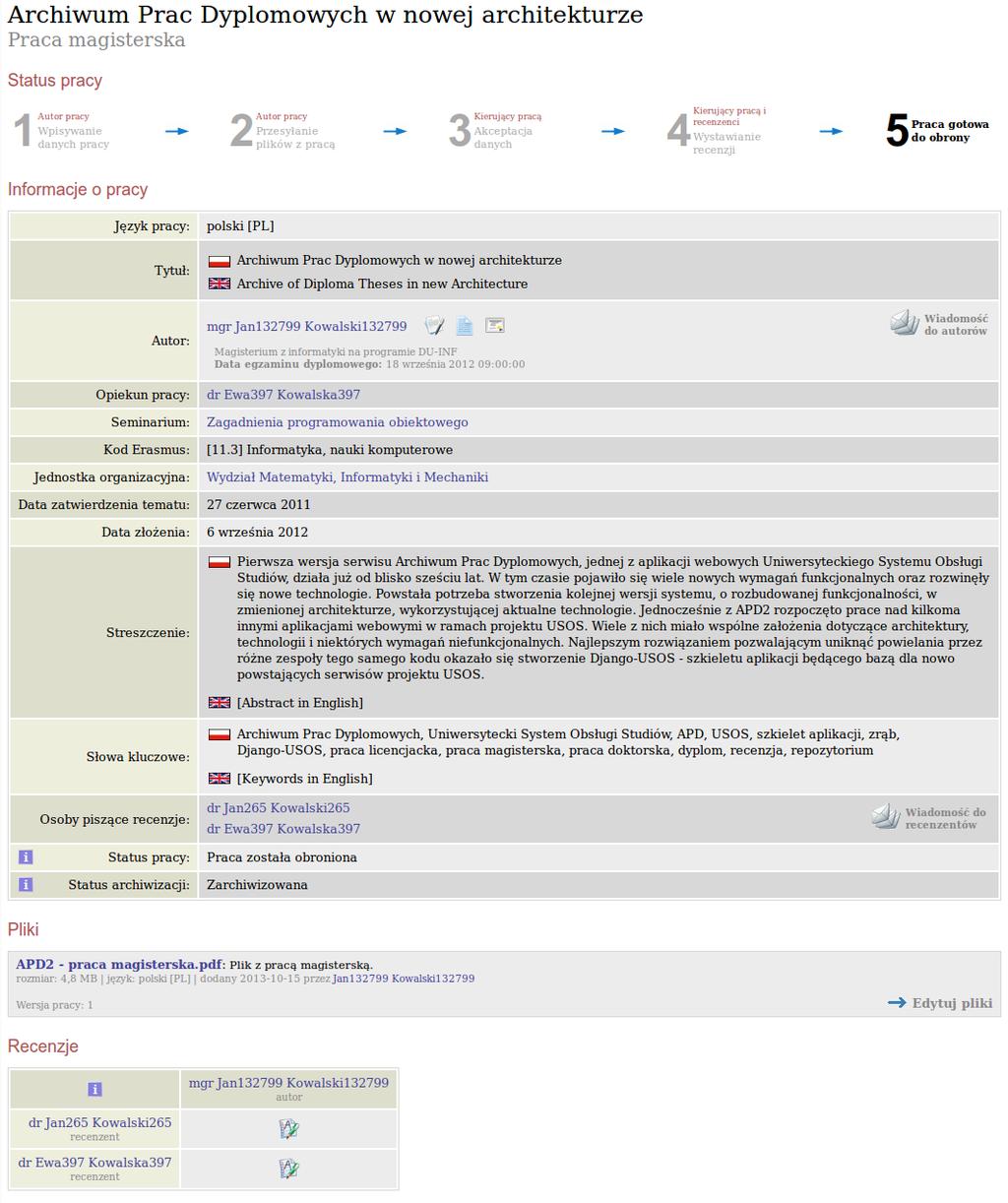 3.3 Pobieranie dokumentów związanych z pracą Rysunek 3.39: Praca gotowa do obrony (widok autora) 3.