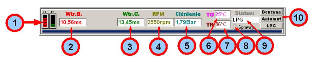 3 Ekran zapisów przed montaŝem instalacji Opis dolnego Panelu Wizualizacji: Rys. 4 Panel Wizualizacji 1. Sondy Lambda: - po wyborze odpowiedniego rodzaju sondy, moŝna obserwować jej zmiany na panelu.