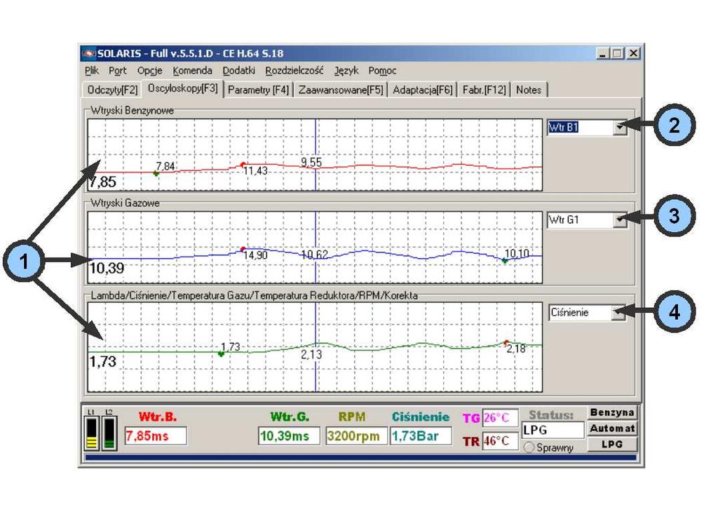 Rys. 5 Opis Odczytów Wszystkie wartości wyświetlane są w czasie rzeczywistym!!! 1. Ciśnienie Gazu: - manometr pokazujący Aktualne ciśnienie gazu w czujniku BOSCH - 1.