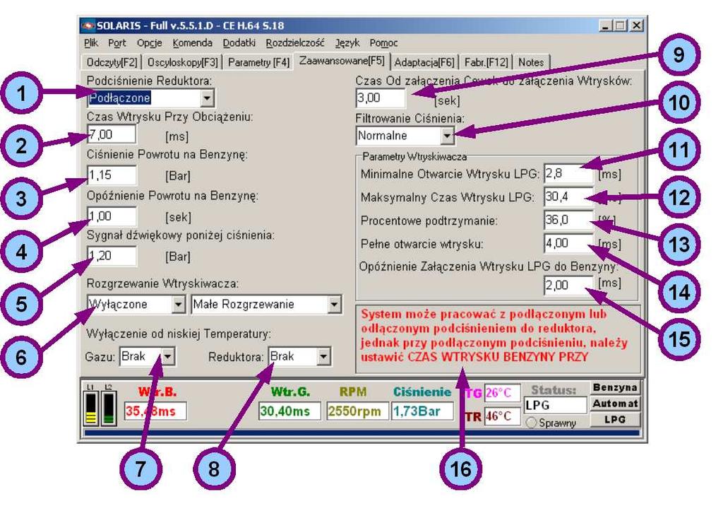 12. Sonda Lambda 2: - wybór rodzaju sondy lambda - w przypadku brak sondy naleŝy wybrać: Odłączona 13. Podręczny opis parametru.