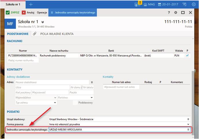 W danych firmy trzeba wybrać jednostkę samorządu terytorialnego wcześniej dodaną w module Klienci.