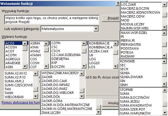 Dostępne zbiory funkcji w Microsoft Excel 2013 i Excel Web App są zbliżone, choć w wersji lokalnie zainstalowanego Microsoft Excel 2013, jak widać z porównania rysunków 1 i 2, zauważymy dwie