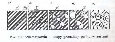 a) Ziarno perlitu = płytki ferrytu α + płytki cementytu Fe 3 C b) Utworzenie zarodków austenitu γ w płytkach
