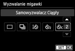 j Korzystanie z samowyzwalacza 1 2 3 Naciśnij przycisk <YiQ>. Wybierz samowyzwalacz. Użyj przycisku <U> lub obróć pokrętło <6>, aby wybrać tryb samowyzwalacza, a następnie naciśnij przycisk <0>.