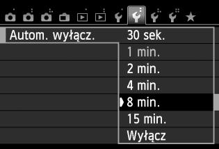 Przydatne funkcje 3 Ustawianie czasu automatycznego wyłączania zasilania W celu zaoszczędzenia energii akumulatora aparat wyłącza się automatycznie po upływie ustawionego czasu bezczynności.