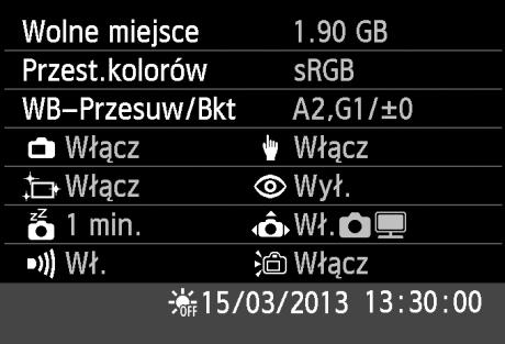 Przydatne funkcje B Sprawdzanie ustawień aparatu Podczas wyświetlania ustawień fotografowania (str. 50) naciśnij przycisk <B>, aby wyświetlić ustawienia najważniejszych funkcji aparatu.