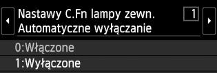 1 Kiedy aparat jest gotowy do wykonania zdjęcia z zewnętrzną lampą błyskową Speedlite, wybierz pozycję [Nastawy C.Fn lampy zewn.], a następnie naciśnij przycisk <0>. 2 Wybierz funkcję indywidualną.