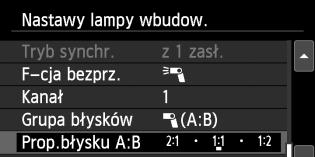 234, aby wybrać pozycję [0], a następnie naciśnij przycisk <0>. Ustaw w pozycji [Grupa błysków] opcję [1(A:B)]. Ustaw żądane proporcje błysku, a następnie zrób zdjęcie.