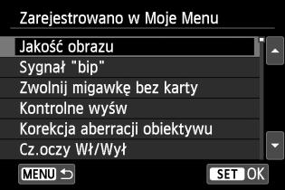 Aby wrócić do ekranu wyświetlanego w punkcie 2, naciśnij przycisk <M>. Informacje dotyczące ustawień ekranu Moje Menu Sortuj Umożliwia zmianę kolejności pozycji zapisanych na ekranie Moje menu.