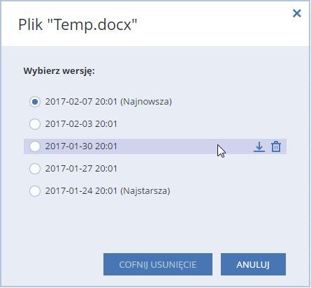 5.4.2 Odzyskiwanie wersji pliku Domyślnie program Acronis True Image 2018 wybiera najnowsze wersje względem określonej daty.
