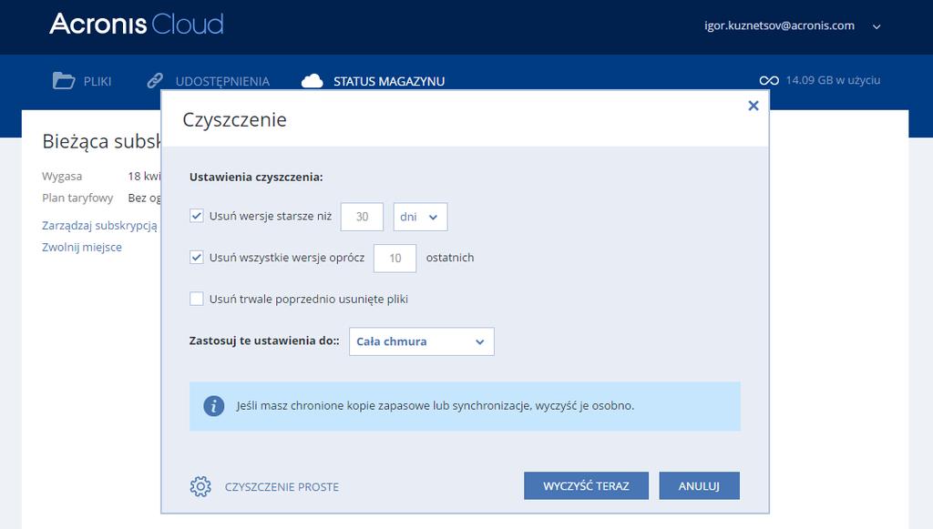 Wybierz żądane reguły i kliknij Czyść teraz. Kolejną metodą czyszczenia jest usunięcie niepotrzebnej już synchronizacji lub kopii zapasowej online.