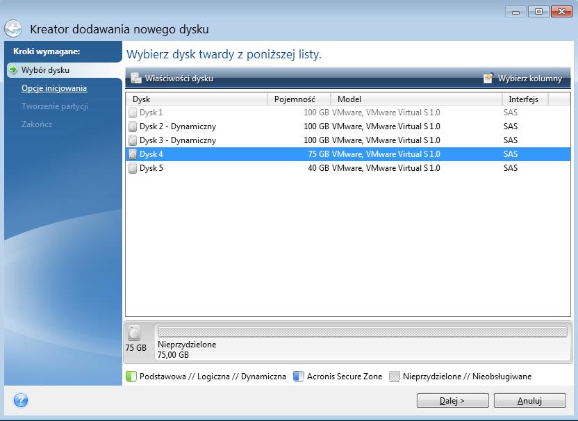 4. Wykonaj kroki wskazane przez kreator. 5. W kroku Zakończ sprawdź, czy skonfigurowany układ dysku odpowiada potrzebom, a następnie kliknij Kontynuuj. W tej sekcji Wybieranie dysku twardego.