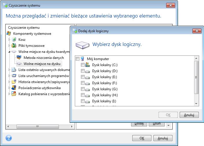 Wolne miejsce na dysku W tym miejscu możesz ręcznie określić dyski fizyczne/logiczne, na których chcesz wykonać czyszczenie wolnego miejsca.