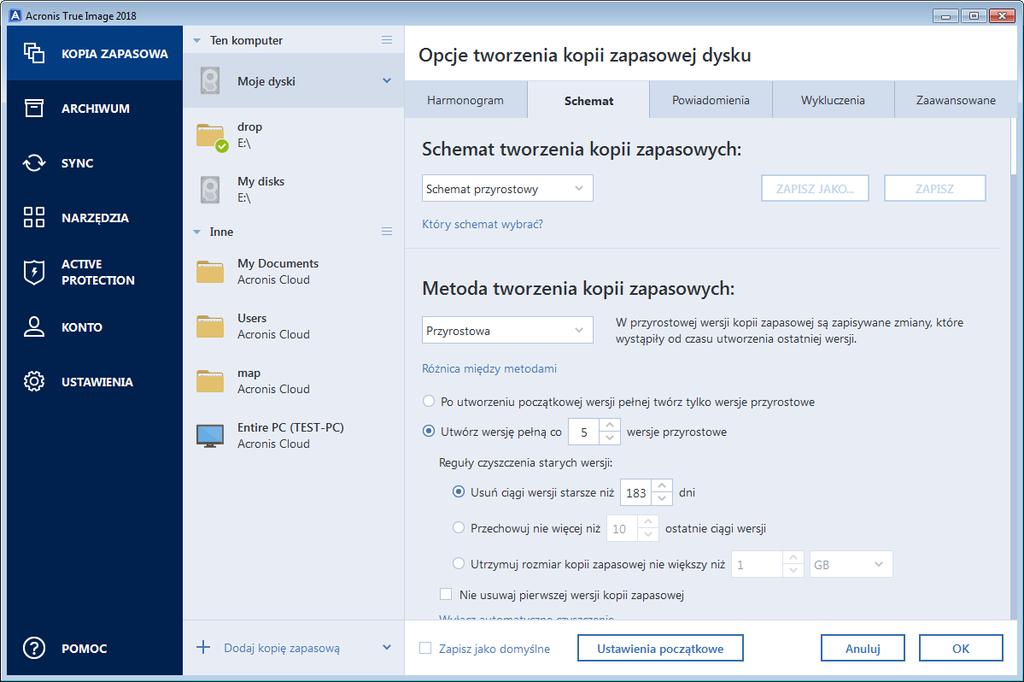 Reguły czyszczenia wersji Program Acronis True Image 2018 umożliwia wybranie jednego z następujących schematów tworzenia kopii zapasowych: Jedna wersja (s.