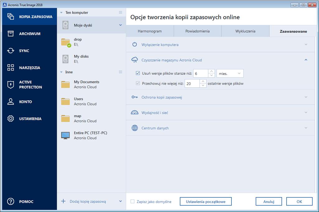 Aby zoptymalizować wykorzystanie miejsca w magazynie Acronis Cloud, można skonfigurować ustawienia jego czyszczenia.