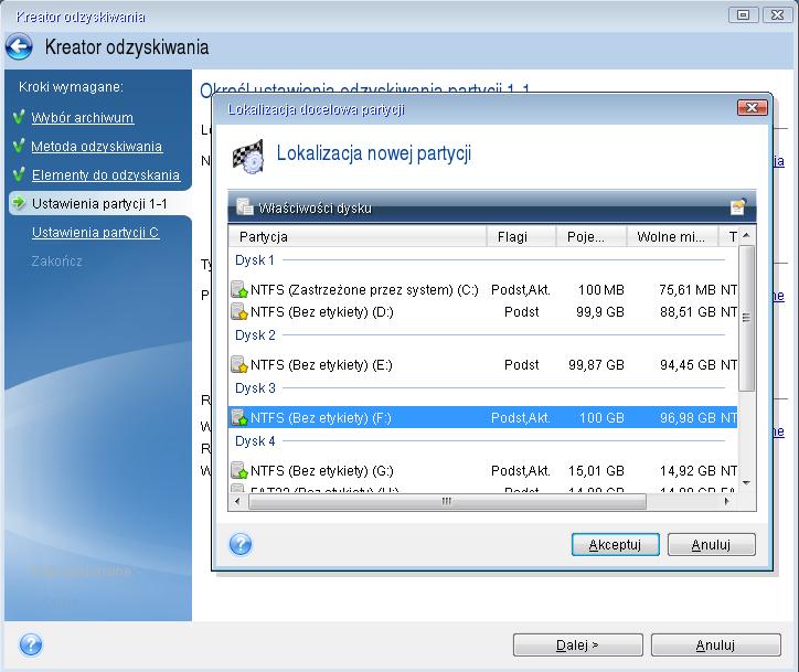 Po wybraniu partycji nastąpią odpowiednie kroki procedury Ustawienia partycji.