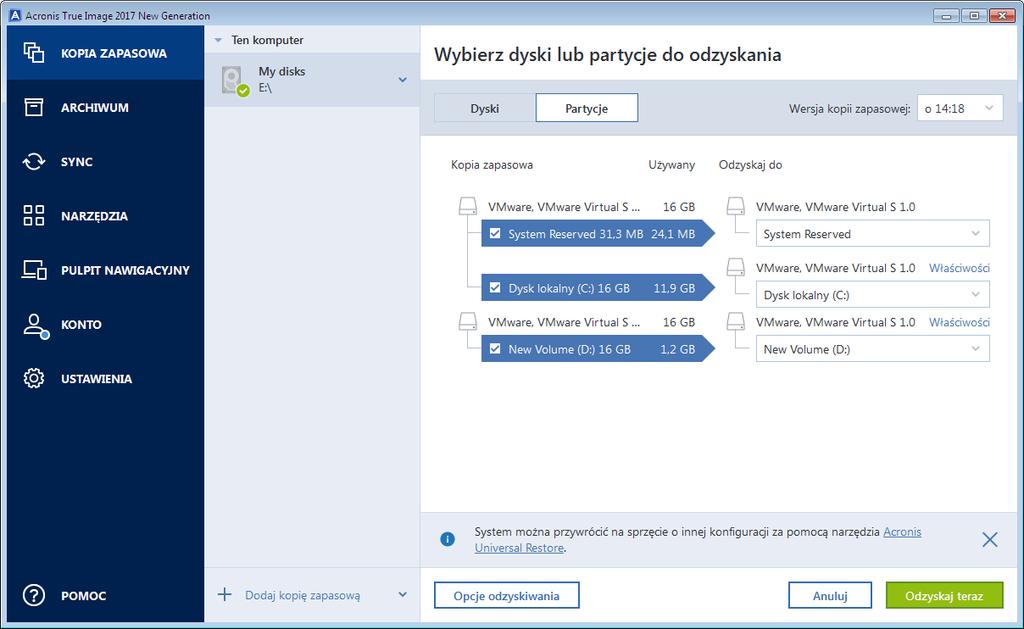 Aby odzyskać partycje lub dyski: 1. Uruchom program Acronis True Image 2018. 2. Jeśli chcesz odzyskać dane z magazynu Acronis Cloud, koniecznie zaloguj się najpierw na swoje konto Acronis. 3.