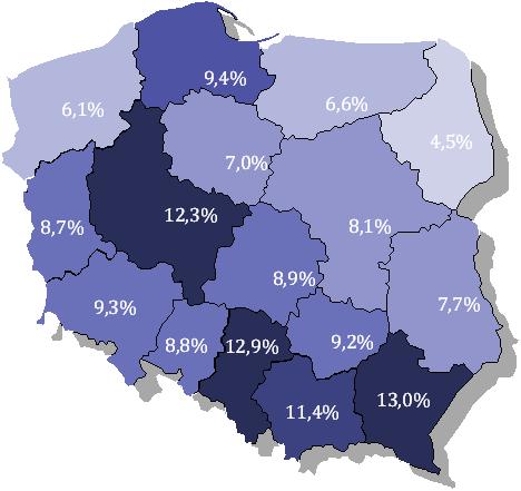 udział dojeżdżających do pracy w gminach