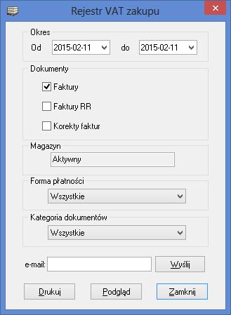 j 12.8. REJESTR VAT ZAKUPU Funkcja ta pozwala na wydruk rejestru VAT zakupu z określonymi parametrami za dany okres czasu. Po jej wywołaniu ukazuje się okno (Rys.