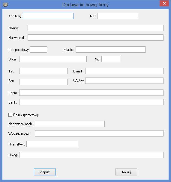 Rys. 6. Dodawanie nowej firmy. 5.1.2. Edytowanie danych firmy już występującej w kartotece.