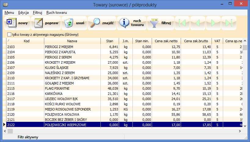 j Rys. 14. Kartoteka towarów i półproduktów. Poniżej opisano wszystkie funkcje umożliwiające sprawne operowanie kartoteką towarów. 5.4.1. Dodawanie nowego towaru (półproduktu) do kartoteki.