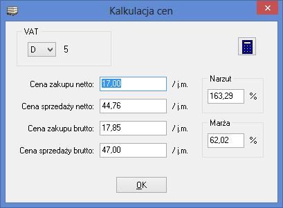 j Rys. 16. Okno kalkulacji cen. W oknie tym, z listy wyboru (w lewym górnym rogu) wybieramy stawkę VAT poszczególne litery odpowiadają różnym stawkom VAT (zdefiniowanym w module konfiguracyjnym).