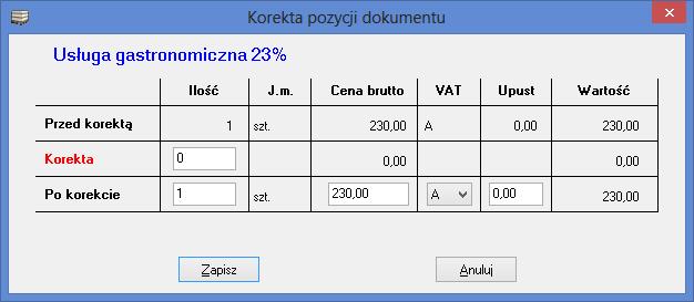 j W tym oknie widzimy wszystkie pozycje zawarte na fakturze, którą korygujemy wraz z poszczególnymi wartościami kwotowymi zarówno przed, jak i po korekcie.