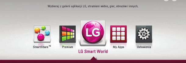 Możesz łatwo znajdować i pobierać różne aplikacje ze LG Smart World. 1. Sprawdź podłączenie sieci oraz ustawienia (strona 16). 2. Naciśnij HOME ( ). 3. Wybierz [LG Smart World], i naciśnij ENTER (b).