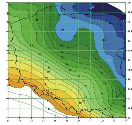 Mapa geoidy odstęp N geoidy od geocentrycznej