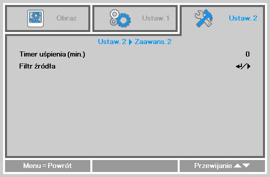 Funkcja Zaawans. 2 IN5312a/IN5316HDa Podręcznik użytkownika Naciśnij przycisk MENU, aby otworzyć menu OSD. Naciśnij, aby przejść do menu Ustaw. 2. Naciśnij w celu przejścia do menu Zaawans.