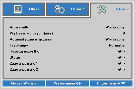 Menu Ustaw. 2 Projektor DLP - Podręcznik użytkownika Naciśnij przycisk MENU, aby otworzyć menu OSD. Naciśnij przycisk kursora w celu przejścia do menu Ustaw. 2. Naciśnij przycisk kursora w celu przejścia w górę lub w dół w menu Ustaw 2.