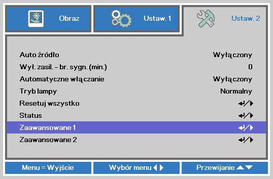 Zerowanie czasu pracy lampy Po wymianie lampy, powinieneś wyzerować licznik czasu pracy lampy. Zrób to w następujący sposób: 1.