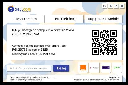 Dodatkowe metody płatności Premium SMS Premium SMS umożliwia płatność za usługi oraz dostęp do treści za pomocą telefonu. tpay.