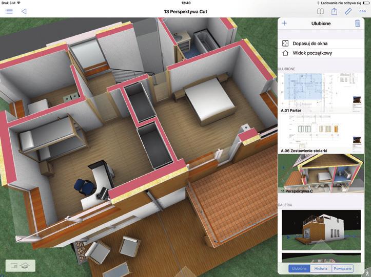 PREZENTACJA MODELU BIM NA SMARTFONACH NAWIGACJA W BIMx Wyjątkowy sposób prezentacji projektu w BIMx polega na płynnej synchronizacji modelu 3D z dokumentacją rysunkową oraz informacjami o