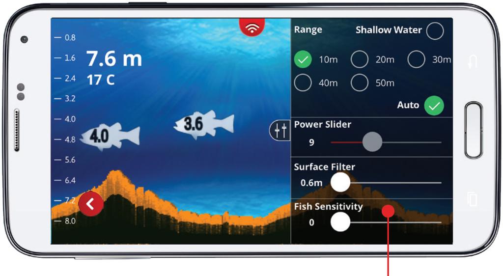 Suwak Fish Sensitivity (czułość ryby): Suwak czułości ryby reguluje czułość sonaru przy wykrywaniu ryb w kolumnie wody.