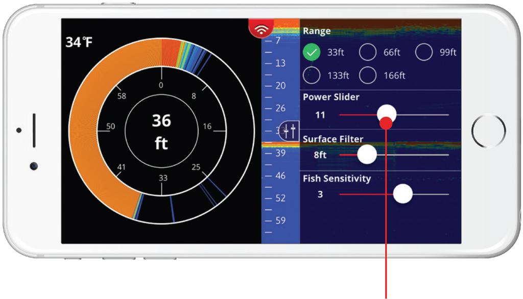 Power Slider (suwak mocy): Suwak mocy pozwala regulować wzmocnienie i szerokość impulsu sonaru FishHunter.