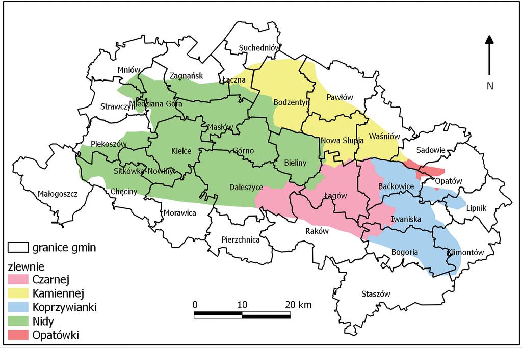 Intervals of distance from the city in river basins in Holy Cross Mountains ludnienia (K) umożliwiły obliczenie wartości wskaźnika antropopresji bezpośrednio dla każdej ze zlewni 2.