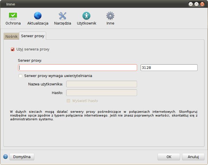 5.2 Ustawienia serwera proxy Ustawienia serwera proxy można skonfigurować, wybierając kolejno opcje Inne > Serwer proxy.