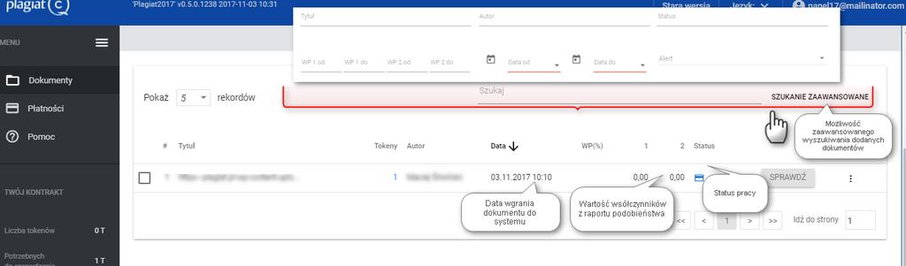 Dodatkowe dane o dokumencie są widoczne po kliknięciu w rekord z pracą Zaawansowane wyszukiwanie pozwala filtrować prace według parametrów