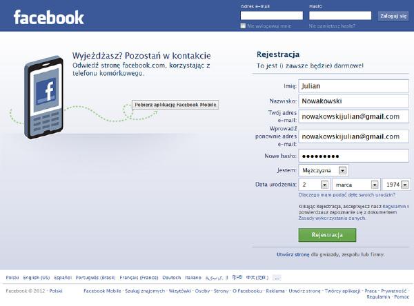Rejestracja na facebooku jest darmowa, a konto zakłada się w ciągu kilku minut. Przed założeniem konta należy zapoznać się z regulaminem, w którym m. in.