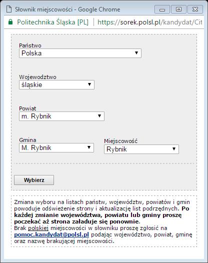 Zmiana wyboru na listach państw, województw, powiatów i gmin powoduje odświeżenie strony i aktualizację list podrzędnych.