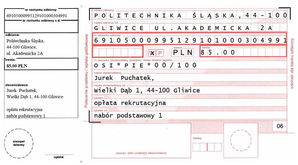 Druga część formularza przelewu opłaty SUMA KONTROLNA IDENTYFIKATOR KANDYDATA Procedura odzyskiwania błędnie