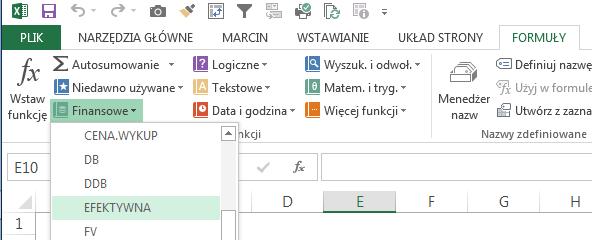 Aby obliczyć efektywną stopę zwrotu korzystając z MS Excel należy użyć formułę EFEKTYWNA. Formuła ta należy do grupy formuł Finansowych.