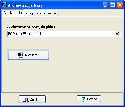R. Samoć - Instrukcja obsługi pakietu Operat FB - 100 - Okno Archiwizacja bazy Okno to służy do archiwizacji bazy poprzez utworzenie skompresowanego pliku oraz do wysyłania tego pliku pocztą