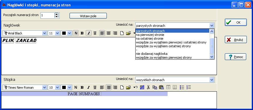R. Samoć - Instrukcja obsługi pakietu Operat FB - 102 - Okno "Nagłówki i stopki, numeracja stron" Okno zawiera edytor tekstowy dla nagłówków i stopek dołączanych do raportów.