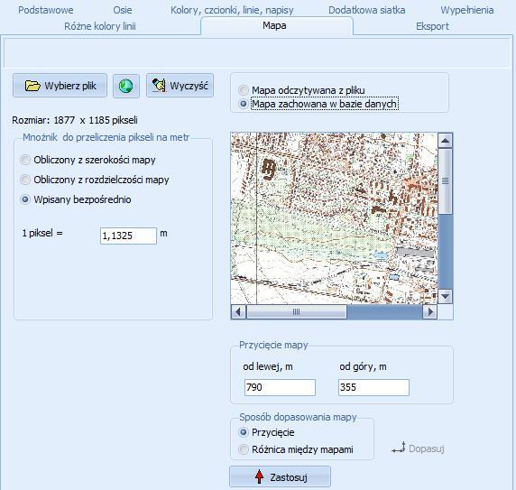 R. Samoć - Instrukcja obsługi pakietu Operat FB - 126 - Strona Mapa Na stronie można wybrać plik zawierający zeskanowaną mapę terenu, która będzie drukowana jako tło wykresu izolinii.